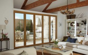 Oak effect aluminium bifold door installation